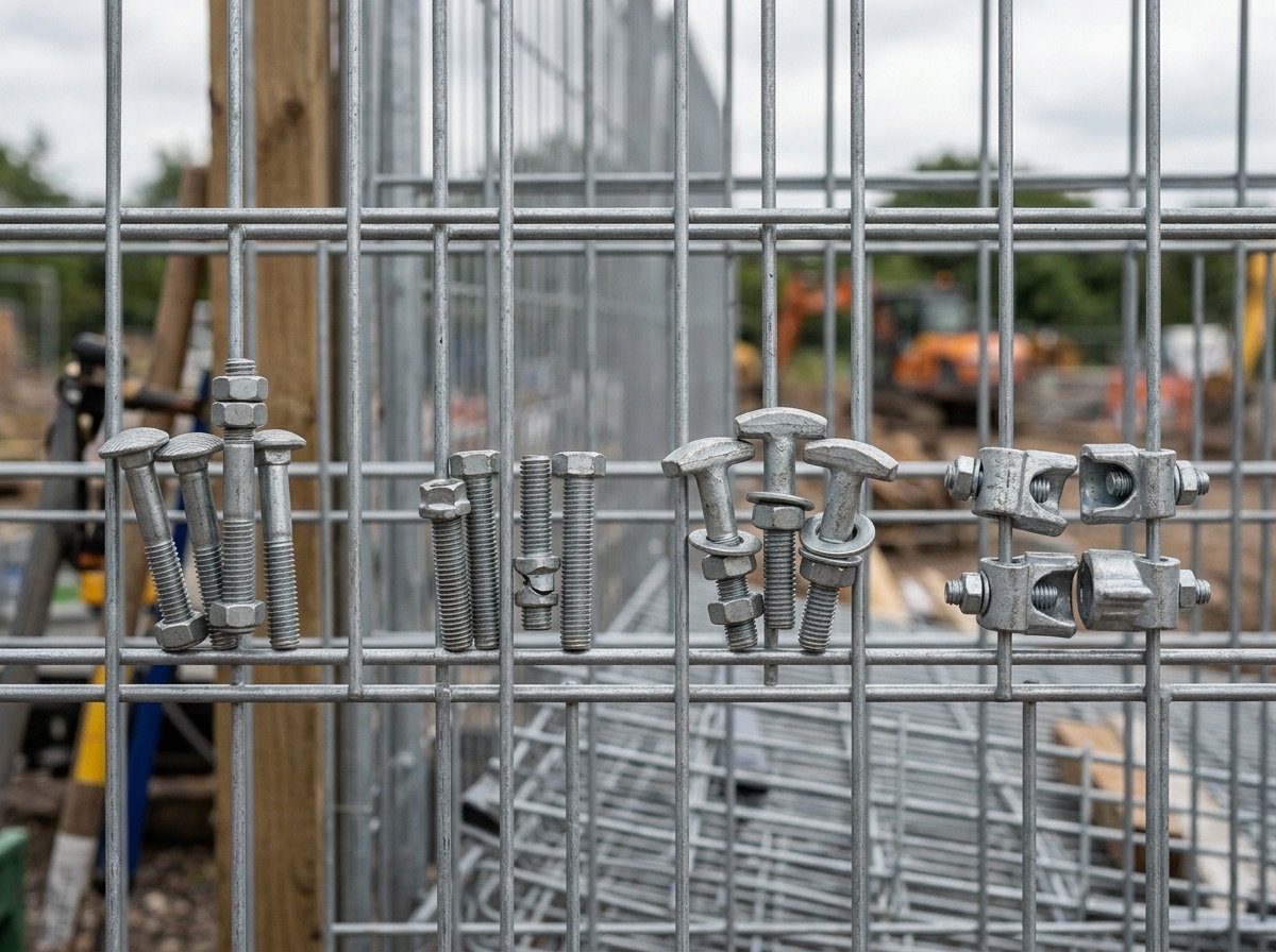 Galvanised fencing fixings against a mesh fence panel