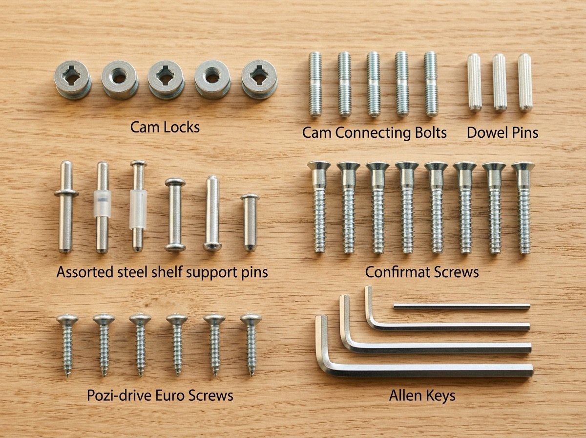 Furniture fixings and cam fittings on an oak surface