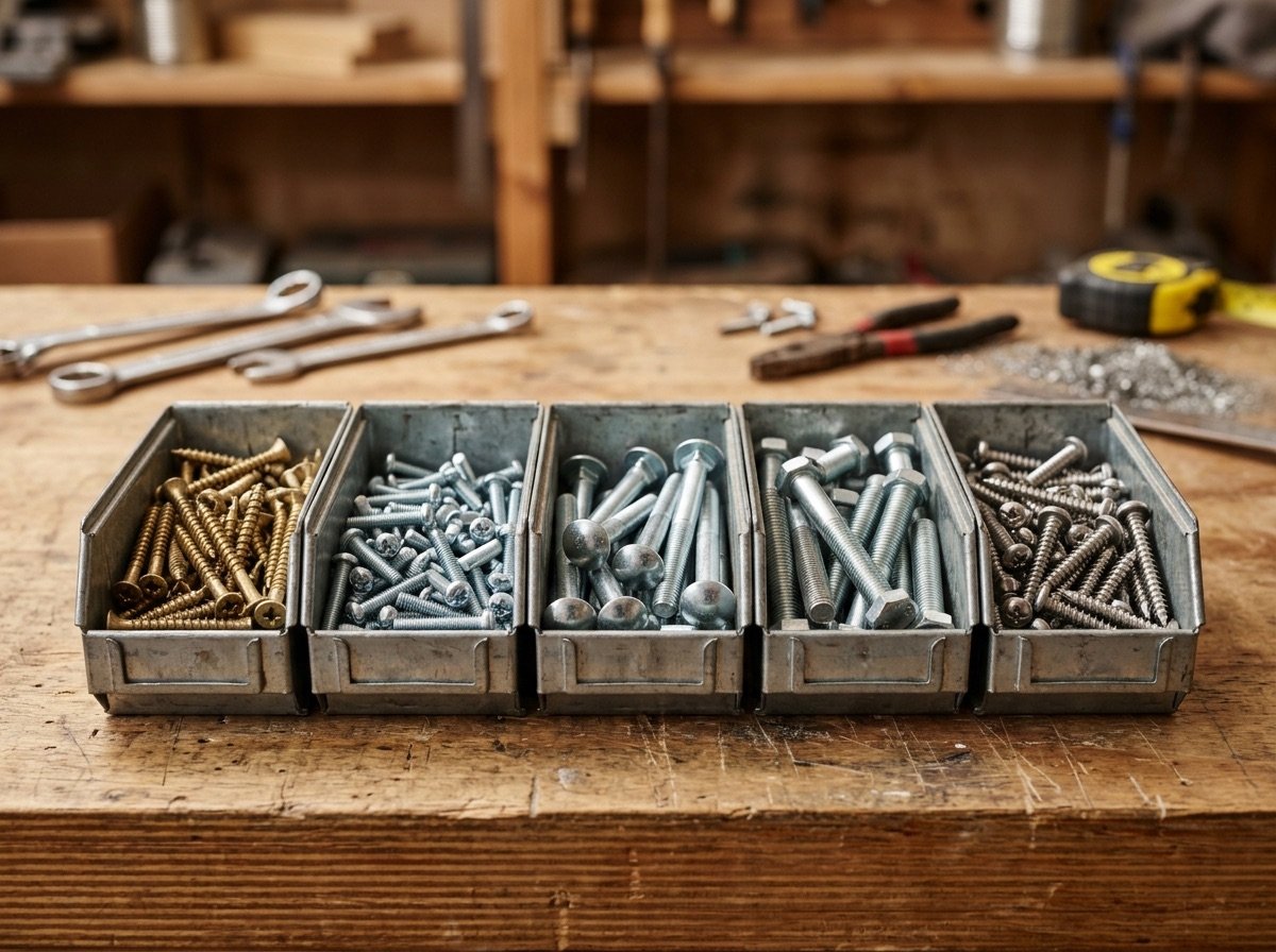 Assorted general fasteners in parts bins