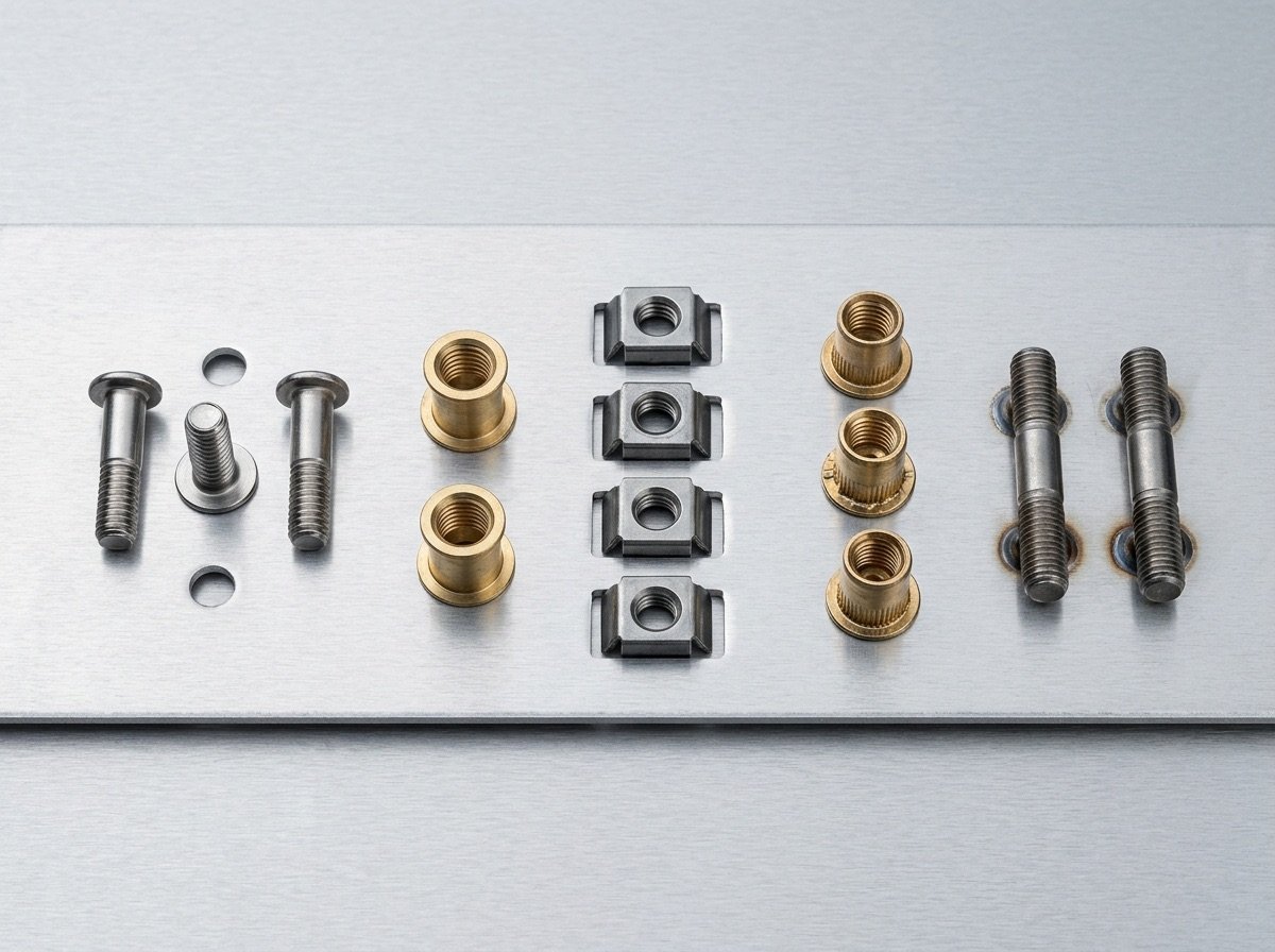 Sheet metal fasteners on a brushed aluminium panel