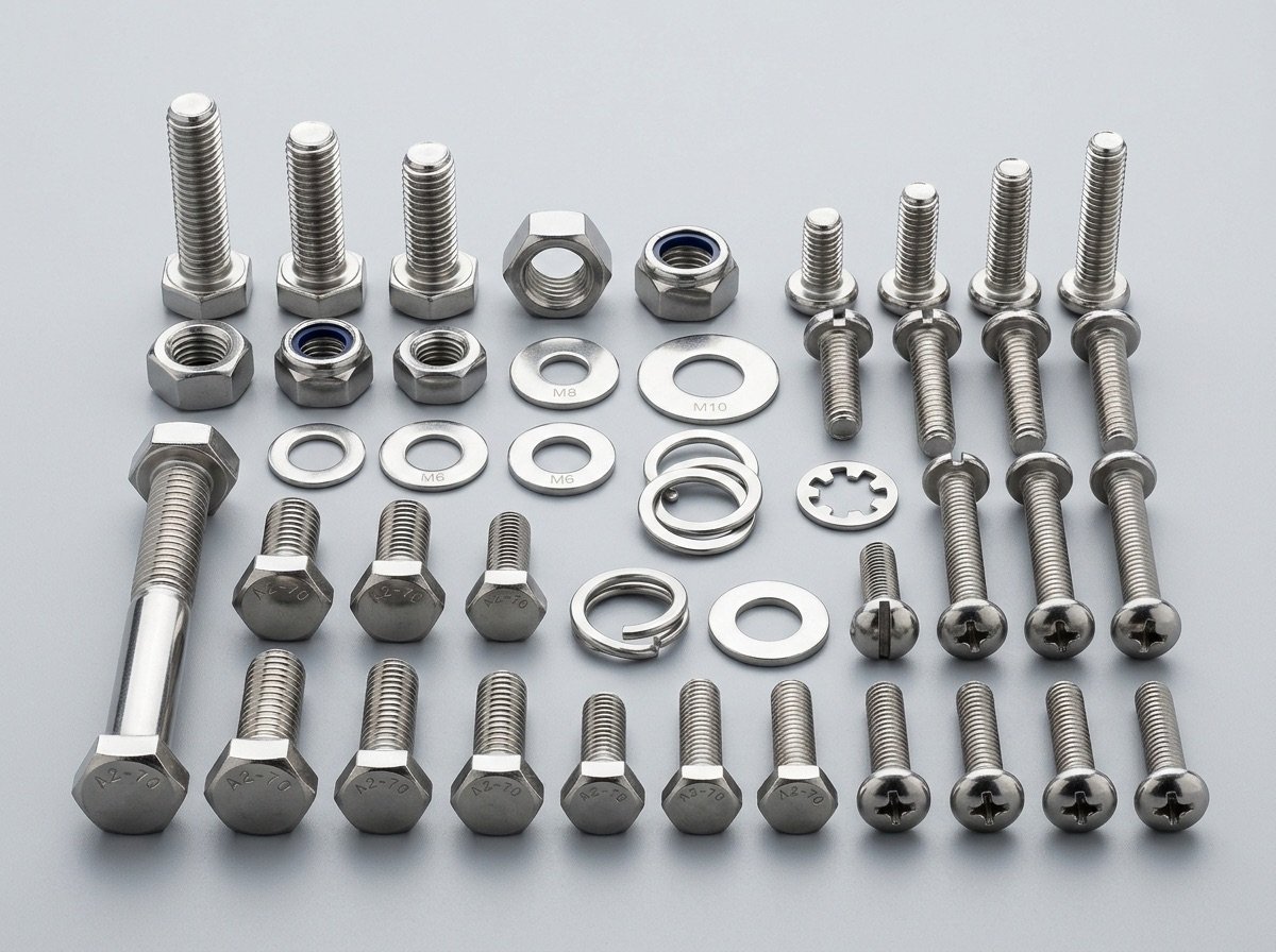 Polished stainless steel bolts, nuts and washers